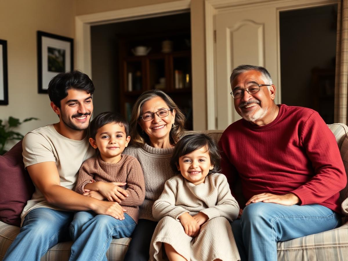 A warm, multi-generational blended family together at home in soft light